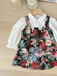 SHEIN 2-Pack Baby Girl Elegant Khaki Long-Sleeved Shirt Floral Pattern Dress Set,Cute Autumn Party Outfit,Black And White,Ideal For Wedding,Birthday,School - Multicolor - View 4