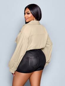 SOLERSUN Plus Size Women's Autumn Windbreaker Jacket,Casual Lapel Buttoned Short Lantern Sleeve Coat,Commuter Elastic Hem Pocket Fashion Clothing - Khaki - View 3