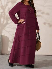 EMERY ROSE Plus Size Women's Solid Color Round Neck Long Lantern Sleeve Loose Casual Dress - Burgundy - View 6
