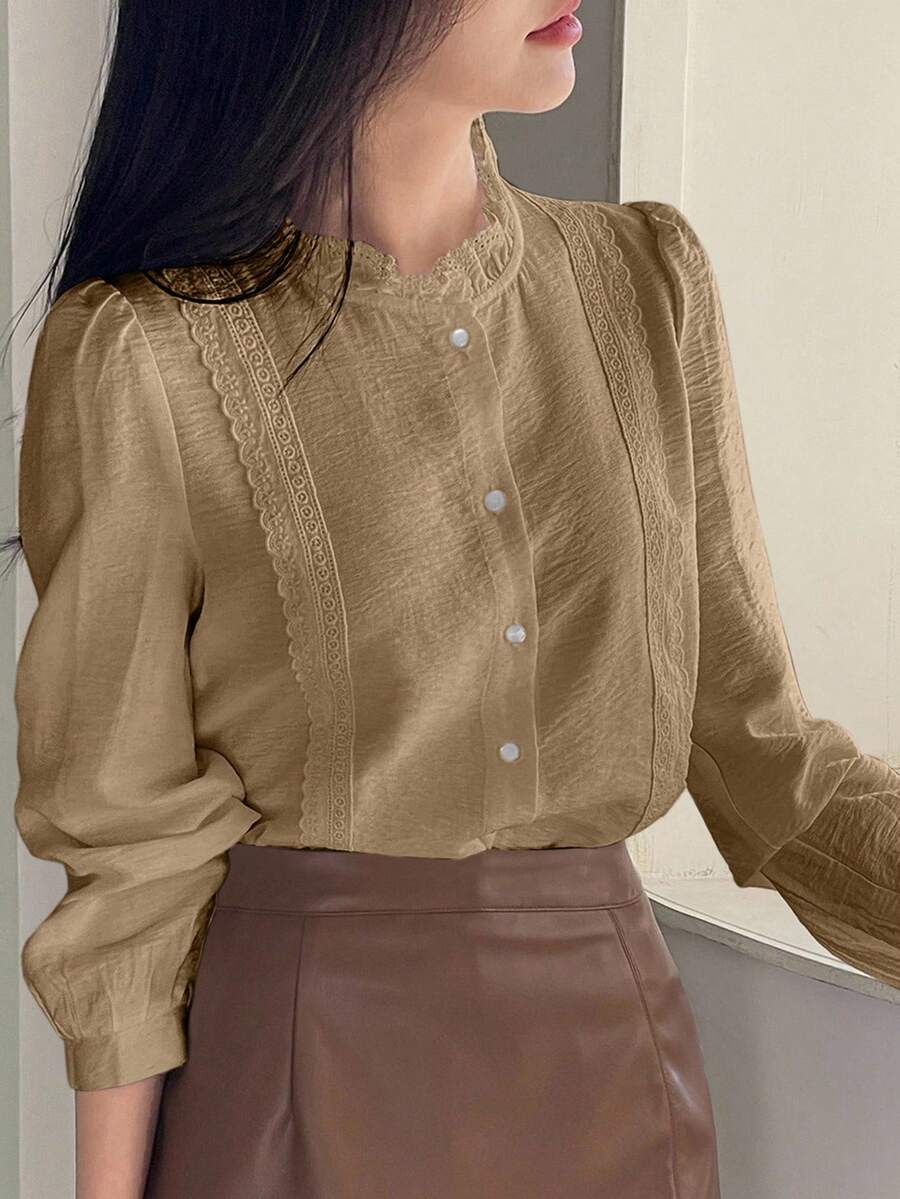 DAZY 优雅立领泡泡袖女式长袖衬衫 - 駝色 - 查看 1