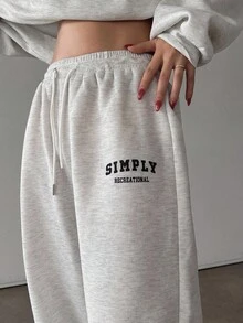 DAZY 2pcs/Set Women Solid Color Fleece Crew Neck Sweatshirt And Letter Print Sweatshirt,Fall Clothes Tracksuits Women Set Lounge Sets For Women