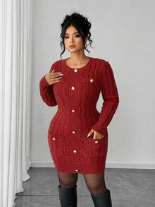 Elenzga Christmas Autumn/Winter Minimalist Loose Fit Long Sleeve Button Decor Plus Size Sweater Dress, Suitable For Wedding Guest - Red - View 3