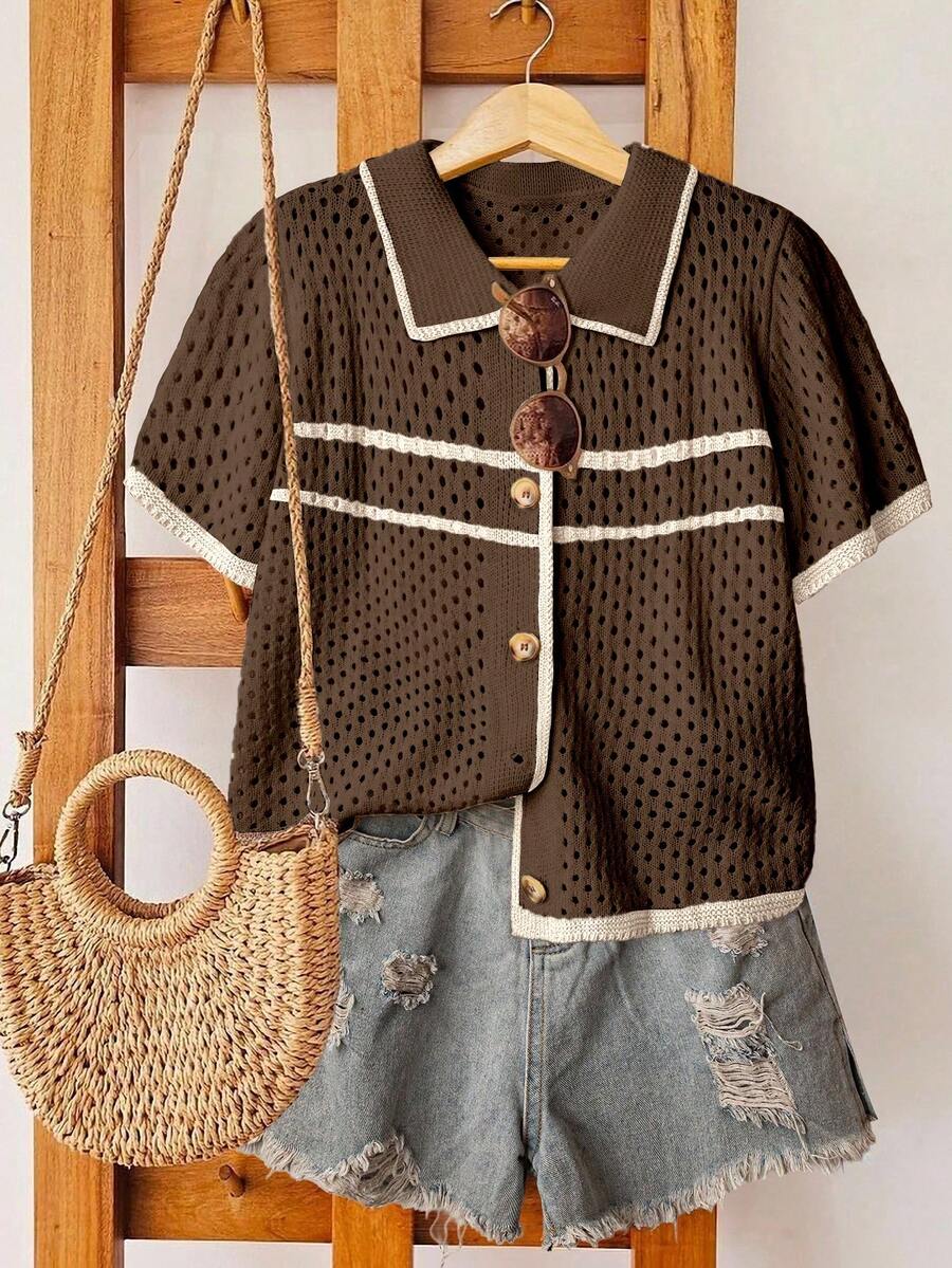 Linhara 大码女式拼色镂空条纹单排扣短袖休闲轻便开衫，春夏 - 彩色 - 查看 1