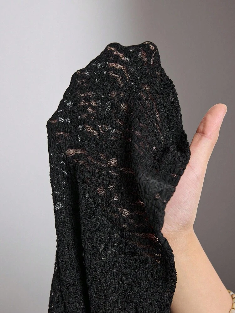 2026 SS Lace Dress, Elegant Minimalist Design, Black, Fitted Silhouette, Comfortable Lace Fabric, Casual Collared Neck, Versatile For Work, Daily Wear, Vacation, Party, Wedding Guest, Textured Material, Fashionable Bestselling Women's Long Dress