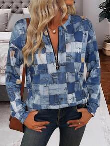 SHEIN Sudadera de mujer de manga larga con cuello redondo, media cremallera y patrón asimétrico, elegante y casual - Multicolor - Ver 7