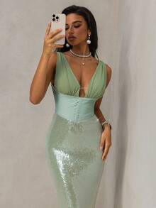 Vowa Modisch, sexy, avantgardistisch, Mesh, glänzend, grün, Pailletten, Satin Patchwork, Spaghettiträger, rückenfreies Kleid, geeignet für Nachtclub, Party, Strand, Urlaub, Cocktailparty