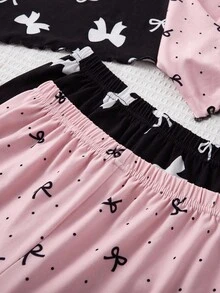 Genkimix Kids 2pcs/Set Girls Bow Print Knit Crew Neck Long Sleeve Top And Pants 4-Piece Pajama Set, Spring/Autumn