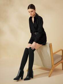 CUCCOO BASICS CUCCOO Fashionable Versatile Black High Heel Over-The-Knee Boots - Black - View 4