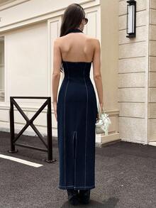 GENKIRA Váy dài hở lưng không tay phối màu thời trang dành cho nữ - Màu xanh hải quân - Xem 2