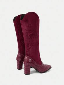 Styleloop 女式尖头粗跟绒面西部流苏靴，修身高筒靴 - 酒紅色 - 查看 5