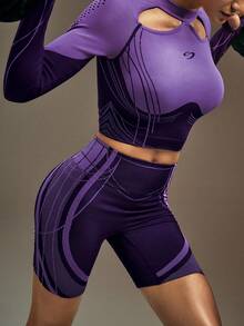 Powerista 女式高腰撞色滚边塑身运动短裤 - 紫色 - 查看 7