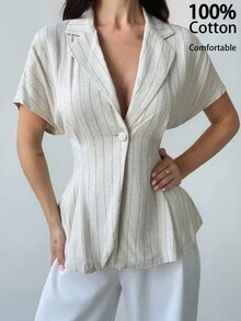 Firerie 女士休闲/办公室时尚新款棉麻条纹腰部短袖翻领衬衫，杏色 - 杏色 - 查看 7