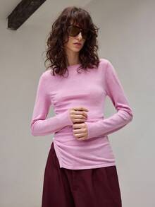 Ontre Women's Ruched Side Slit Hem Button Detail Sweaters Modern Urban Casual Fashion Business Office Wear Old Money Style In Fall/Winter - Burgundy - View 7