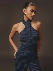Hauture Formal Old Money Business Office Striped Backless Halter Jumpsuit - Blue and White - View 1