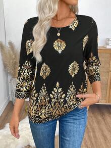 EMERY ROSE 女士节日箔花印花圆领七分袖时尚衬衫 - 黑色 - 查看 1