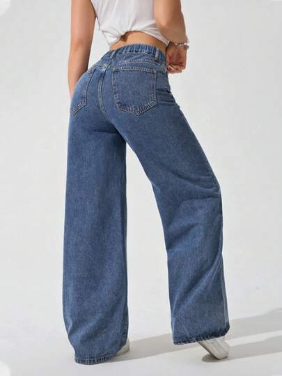 SHEIN ICON Plus Size Women's Simple Vintage Street Style Mid-Blue Washed Straight Leg Jeans