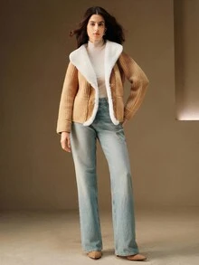 Anewsta 女士厚人造毛领拼布开衫毛衣外套，高端，秋冬 - 卡其色 - 查看 4