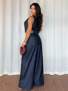 DAZY 女士无袖上衣和休闲长裤牛仔套装 - 藍色 - 查看 4