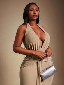 SHEIN SXY Robe moulante maxi dos nu élégante et sexy avec lien pour femmes grandes tailles. Convient pour sirène de bureau sexy, coquette, bal, Saint-Valentin, croisière, navette, affaires, rétro, fête, villégiature, vieille fortune, riche en couches, soirée, rassemblement, minimalisme, anniversaire, événement formel, Gyaru, Ibiza, Nashville, pause, modeste, chic, décontracté, shopping, streetwear, sortie, accentuer votre corps, mettre en valeur la silhouette