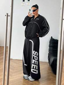 SHEIN EZwear Áo khoác dệt kim màu đen có khóa kéo thường ngày mùa thu dành cho nữ - màu đen - Xem 3