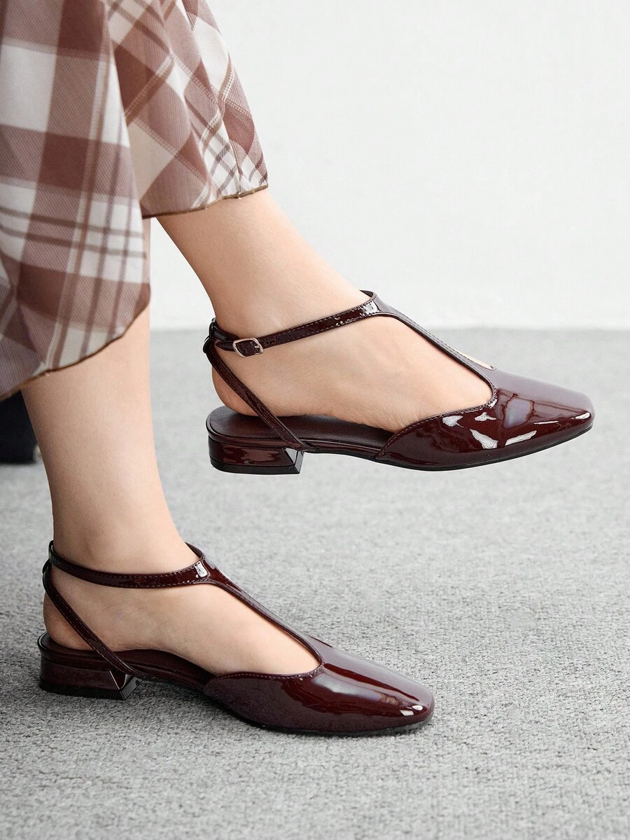 CUCCOO BIZCHIC Women's Square Toe Comfortable Fashion Commuter T-Strap Coffee Mirror Flat Shoes, Spring Casual Wear Commuter Elegant Aesthetic Vintage Style Wedding Outfit