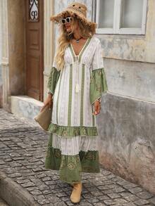 Brillora Fall/Winter Women's Outings For Holiday Date Dresses, Fall/Winter Women's Outings For Vacation V-Neck Fringe Ribbon Lace Edged Casual Texture-Feeling Fabric Printed Women's Dresses, Holiday Shopping Dresses, School Outfits, Very Simple Attire, Women's Country Clothing, Office Attire, Old Money Attire, Teacher Attire, Date Attire, Graduation Season, Fall Women's Clothing, Casual Dresses, Fall/Winter Dresses - Multicolor - View 5