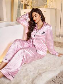 条纹印花撞色滚边缎面睡衣套装/家居服套装，秋冬舒适优雅细节