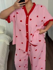 Eraneu 2pcs Plus Size Striped Heart Print Cardigan Top And Pants Pajama Set