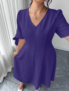 Elenzga Women's Solid Color V-Neck Bow Elegant Dress - Purple - View 3