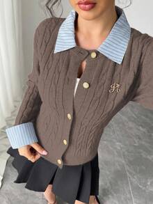 Zielony Fashionable Blogger-Inspired 2 In 1 Patchwork Knit Cropped Cardigan, European And American Style French Style Clothes Preppy Tops Ribbed Shirt Preppy Clothes In Women School Clothes Women - Mocha Brown - View 7