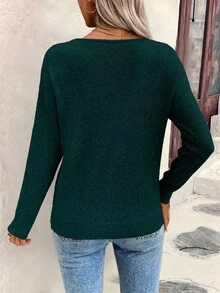 EMERY ROSE Suéter holgado y casual de mujer con cuello en V y textura geométrica hueca - Verde Oscuro - Ver 2