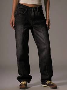 MUSERA 中腰修身直筒牛仔裤，带腰带环，90年代春季可爱夏季音乐会冬季纳什维尔绿洲休闲时尚款 - 黑色 - 查看 2