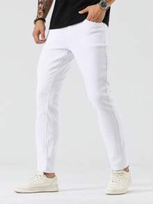 Manfinity Homme Celana Jeans Skinny Pria Kasual Warna Polos dengan Kantong Miring - Putih - View 1