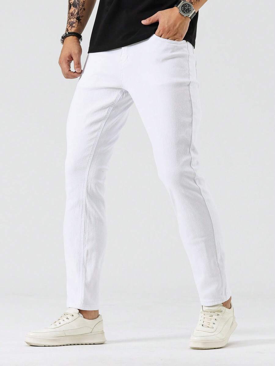 Manfinity Homme Celana Jeans Skinny Pria Kasual Warna Polos dengan Kantong Miring - Putih - View 1