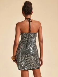Travachic Vestido mini con escote halter, decorado con lentejuelas y perlas, de moda y sexy para mujer - Negro - Ver 3