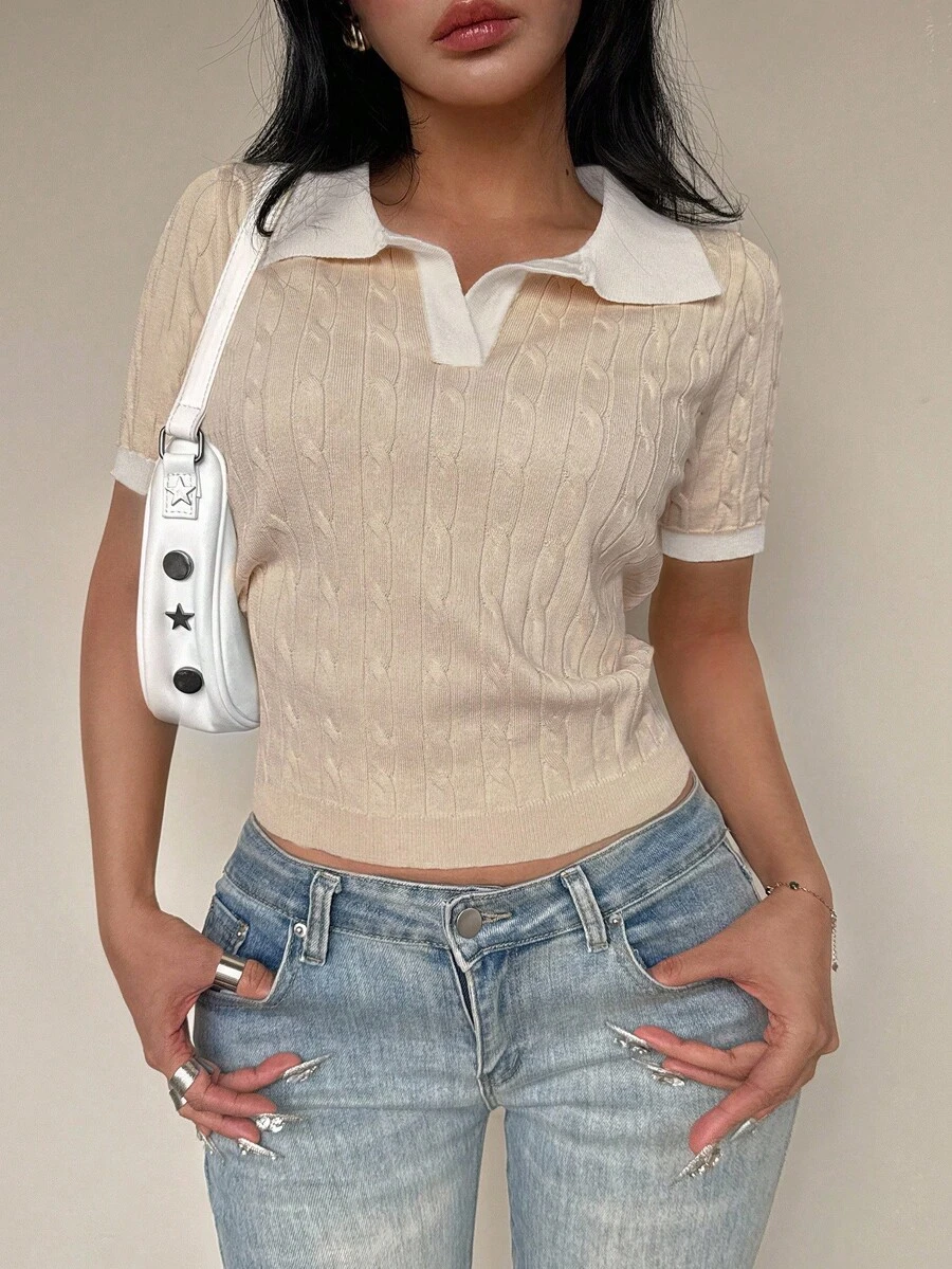 Flirla 女式休闲通勤学院风撞色拼接马球领麻花针织上衣,秋季 - 彩色 - 查看 1