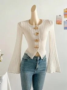 Soleia 全新休闲度假西部海滩婚礼宾客服装、毕业早午餐、圣帕特里克节、春假、复活节、音乐节、优雅波西米亚热带金属装饰黑白条纹纹理喇叭袖女式 T 恤 - 杏色 - 查看 5