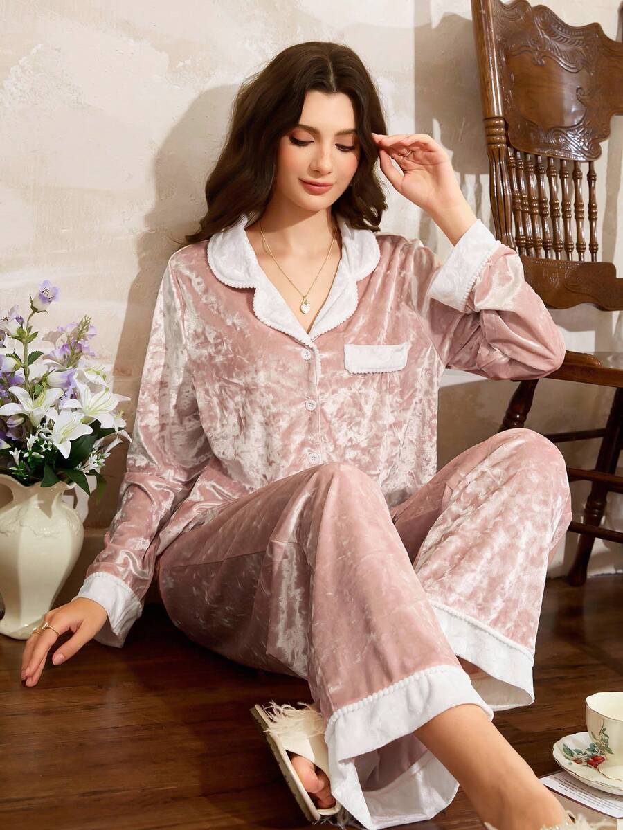 Côtesoire 法式优雅天鹅绒披肩领迷人粉彩色系女士睡衣套装两件套，秋冬服装 - 粉色 - 查看 1
