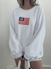 DAZY 女式宽松国旗印花落肩长袖休闲羊毛衫 - 灰色 - 查看 5