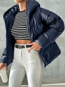 EURMUSE Abrigo acolchado para mujer, unicolor, de moda para el invierno - Azul Marino - Ver 3