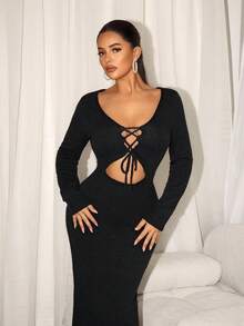 SHEIN Unity Damen Pulloverkleid, gestrickt, langärmelig, tief ausgeschnitten, schwarzer Träger, schmale Passform, sexy, für Urlaub, Reisen, Lässig , Party, Damenkleidung, Frühling und Herbst, Sommer, Winter, Herbst, Cut-Out - Schwarz - Übersicht 6