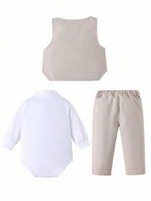 SHEIN Set 3 piese ținută pentru bebeluși și băieți, salopă albă cu mânecă lungă, vestă și pantaloni gri-bej, stil britanic confortabil, clasic, retro, elegant, drăguț și chic, potrivit pentru interior, exterior, zi de zi, sport, joacă, petrecere, ședință foto, sărbători, festivaluri, nunți, petrecere pentru copii, Crăciun - Multicolor - Vizualizare 4