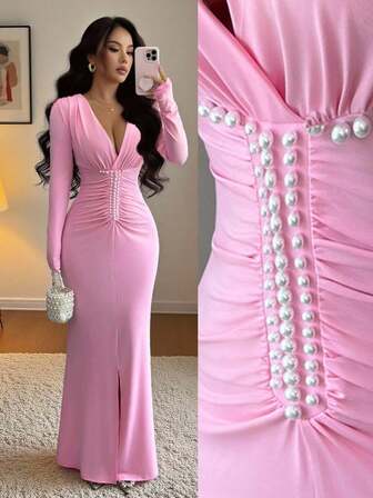 Rafferiza Elegant Rosa Pärlpärlklänning i Midjan med Rynka, Höstklänning för Bröllopsgäster, Graciös Festklänning