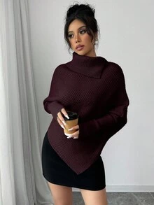 Elenzga Suéter de punto de cuello alto de unicolor con mangas de murciélago asimétricas para mujer, de moda y versátil para vacaciones y días festivos - Red Plum - Ver 5
