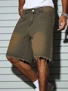 PAVTROS Men's Solid Color Frayed Edge Pocket Loose Casual Denim Shorts - Blue - View 7