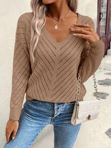 EMERY ROSE 女士宽松休闲镂空几何纹理V领毛衣 - 卡其色 - 查看 5