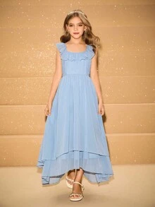 女童甜美飘逸方领荷叶边下摆长裙，适合花童、婚礼、舞会、生日派对、返校、毕业典礼、圣诞节、万圣节 - 藍色 - 查看 6