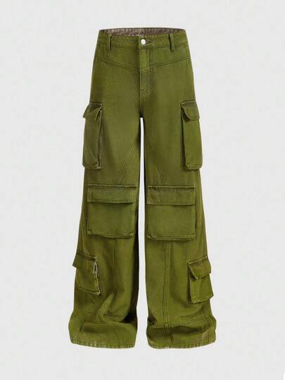 Street Life بنطلون جينز رجالي فضفاض واسع الساق متعدد الجيوب