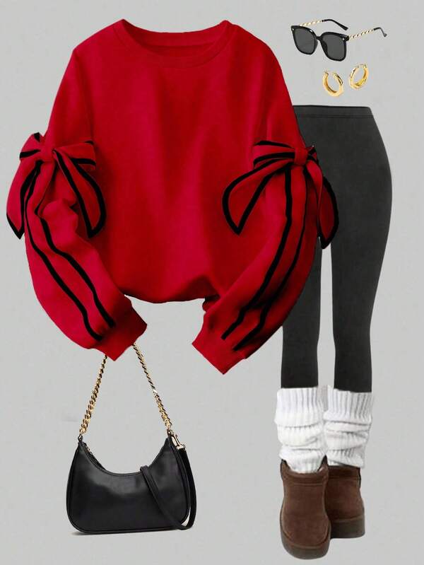 GlowEve Sudadera casual de cuello redondo de manga larga para mujer con decoración de lazo, otoño/invierno