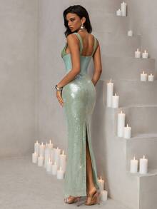 Vowa Modisch, sexy, avantgardistisch, Mesh, glänzend, grün, Pailletten, Satin Patchwork, Spaghettiträger, rückenfreies Kleid, geeignet für Nachtclub, Party, Strand, Urlaub, Cocktailparty